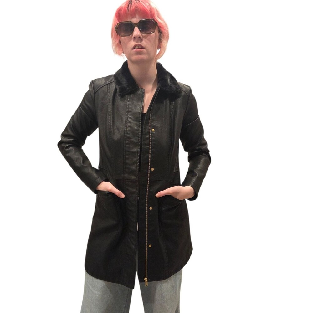 black Vegan leather coat w fur collar y2k minimalist chic baccini jacket small